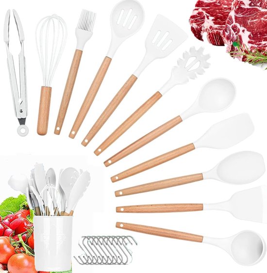 Siliconen Kookgerei Keukengerei Set, 12 Stuks Natuurlijke Houten Handgrepen Koken Tool Bpa Gratis Niet Giftige Siliconen Turner Tang Spatel Lepel