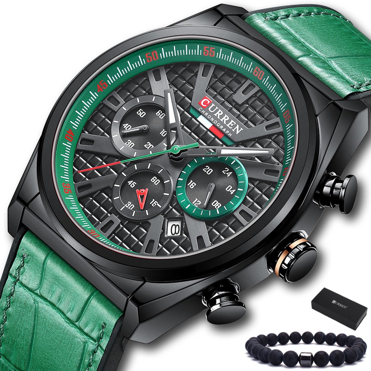Curren - Horloge Heren - Cadeau voor Man - Horloges voor Mannen - 46 mm - Groen Zwart