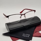 Leesbril +1.0 / donkerrode halfbril van metalen frame / metalen veerscharnier / bril op sterkte +1,0 / unisex leesbril met brillenkoker en microvezeldoekje / dames en heren leesbril / 922 bordeaux / lunettes de lecture demi-monture / Aland optiek