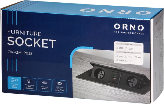 Verpakking van een zwarte ORNO bureau stekkerdoos met 2 stopcontacten en USB-poorten, met afbeelding van het product.
