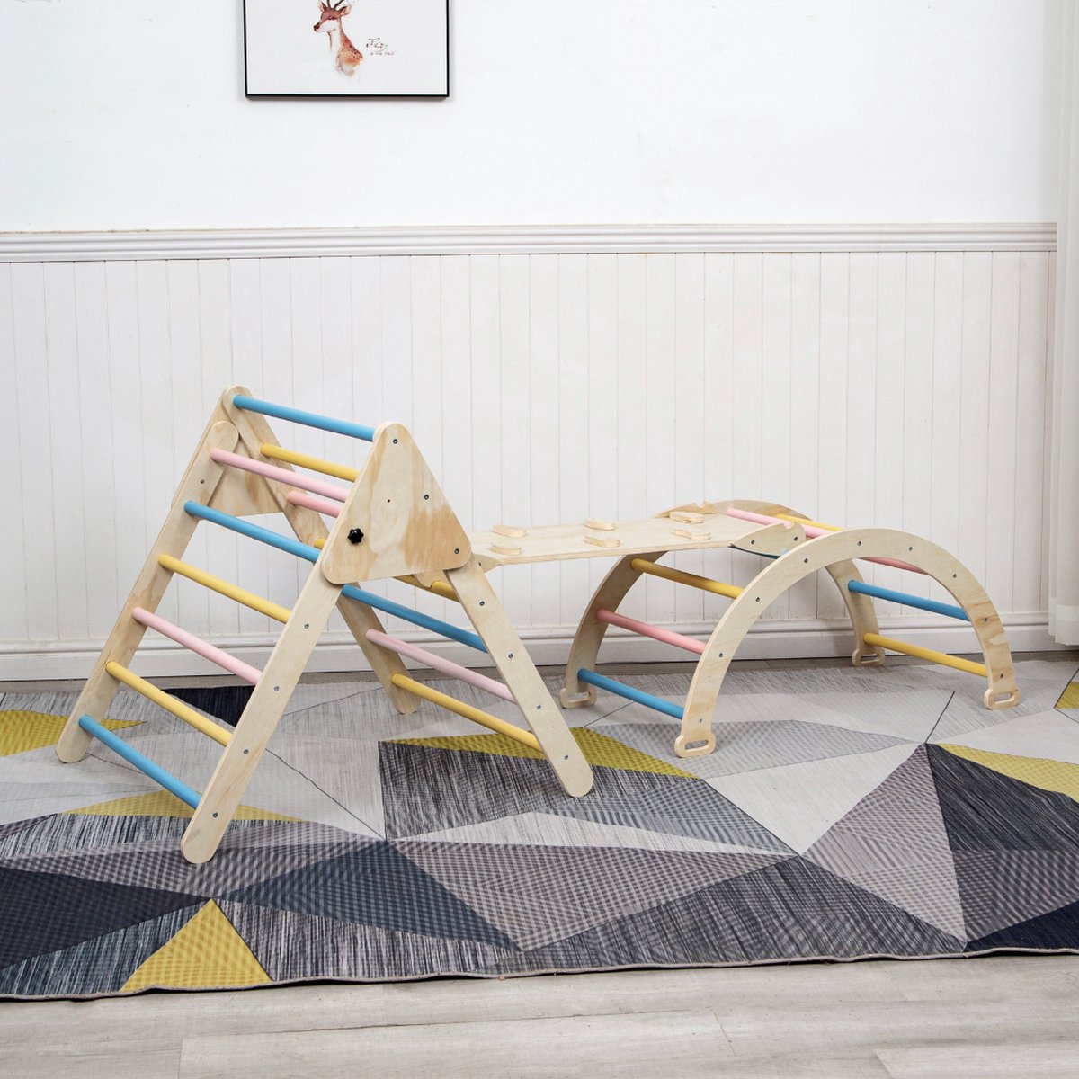 Buxibo XXL Klimrek - Opvouwbare Driehoek + Klimboog + Helling met Glijbaan - Montessori Meubels Houten Speelgym - Pastel - 210x83x81cm — afbeelding 2