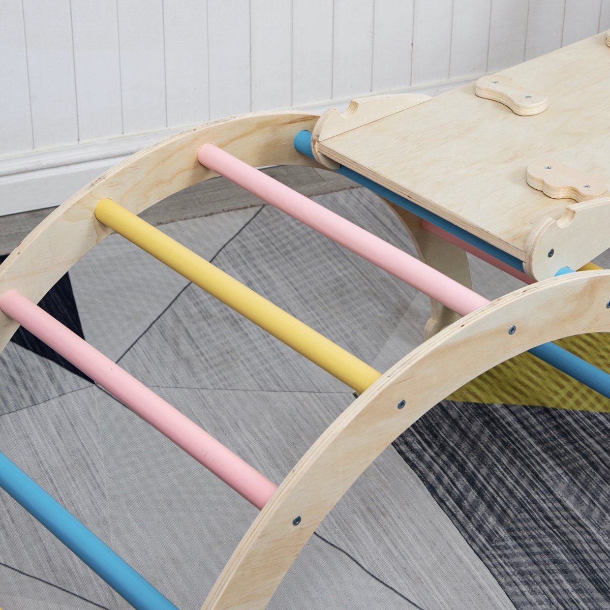 Buxibo XXL Klimrek - Opvouwbare Driehoek + Klimboog + Helling met Glijbaan - Montessori Meubels Houten Speelgym - Pastel - 210x83x81cm — afbeelding 7
