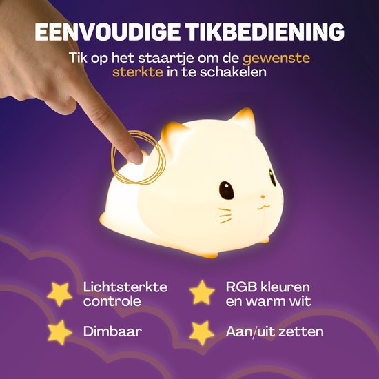 Vulpes Goods® Nachtlampje Kinderen - LED Licht & 8 Kleuren - Nachtlampje Babykamer - Poes - USB-Oplaadbaar - Dimmer - Timer - Draadloos - Kindvriendelijk van Vulpes Goods® — afbeelding 5