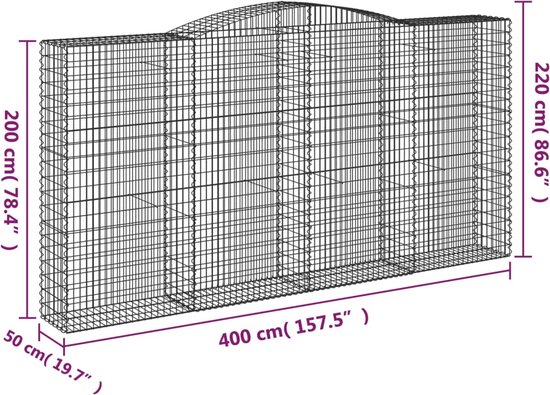 vidaXL Tuindecoratie - Schanskorf - Schanskorf gewelfd 400x50x200/220 cm gegalvaniseerd ijzer - Gabionmuur - Ijzeren Schanskorf - Tuingrens