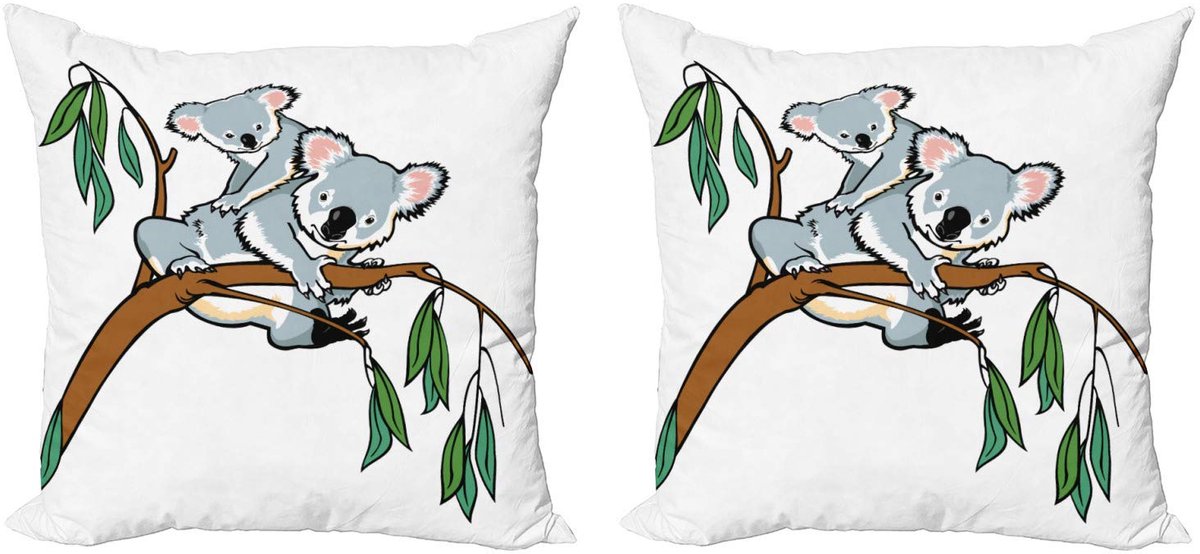ABAKUHAUS Tropische Dieren Kussenhoes 2x50x50 cm – Koala/Eucalyptus Grijs bruin