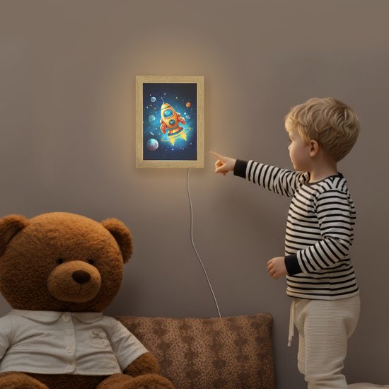 Nachtlampje 15x20 cm - Kinder lamp - Raket - Ruimte - Planeten - Kinderen - Jongen - Tafellamp kinderkamer - Slaapkamer lamp - Bedlamp kinderen - Kinderlampje stopcontact - Wandlamp babykamer - Nachtlampjes van Merkloos — afbeelding 5