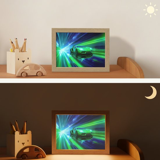 Nachtlampje 20x15 cm - Kinder lamp - Snelheid - Licht - Sportwagen - Groen - Tafellamp kinderkamer - Slaapkamer lamp - Bedlamp kinderen - Kinderlampje stopcontact - Wandlamp babykamer - Nachtlampjes van Merkloos — afbeelding 4