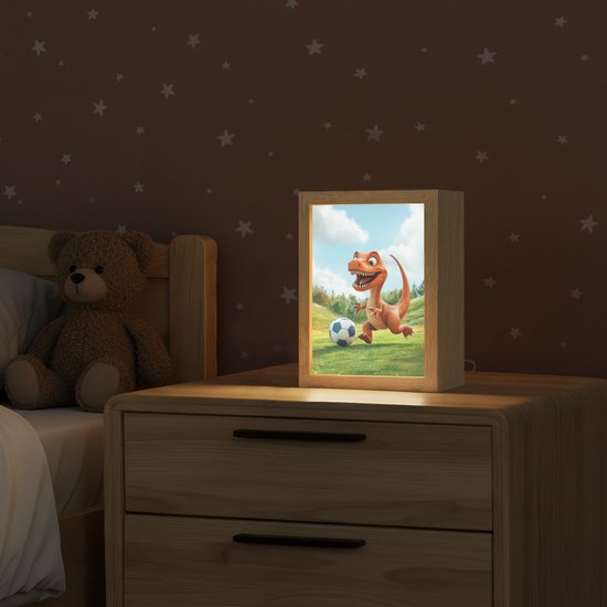 Nachtlampje 15x20 cm - Kinder lampje - Dinosaurus - Oranje - Cartoon - Voetbal - Tafellamp kinderkamer - Slaapkamer lamp - Bedlamp kinderen - Kinderlampje stopcontact - Wandlamp babykamer - Nachtlampjes van OnlyWow — afbeelding 2