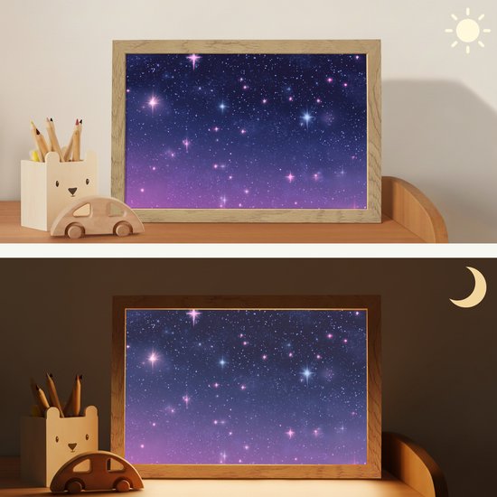 Nachtlampje 30x20 cm - Kinder lampje - Hemel - Sterren - Blauw - Tafellamp kinderkamer - Slaapkamer lamp - Bedlamp kinderen - Kinderlampje stopcontact - Wandlamp babykamer - Nachtlampjes van OnlyWow — afbeelding 4