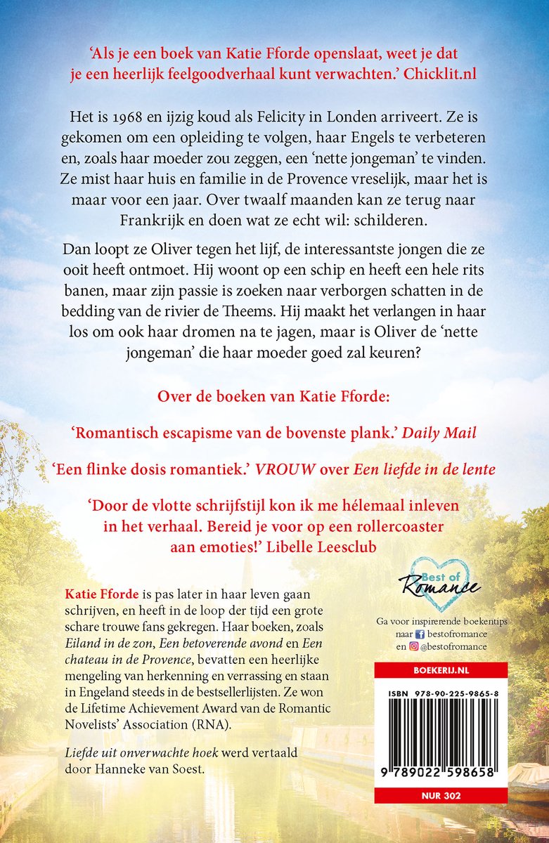 Achterkant van het boek 'Liefde uit onverwachte hoek' van Katie Fforde, met recensies en boekgegevens.