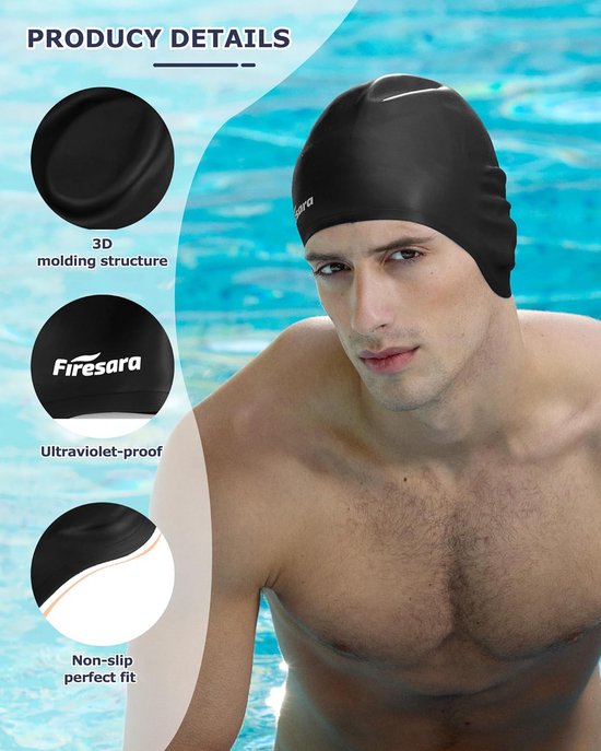 Badmuts, waterdicht, PU-gecoat, zachte badmuts, oorbescherming, zwemmuts voor heren en dames, lang kort haar (1 x zwart