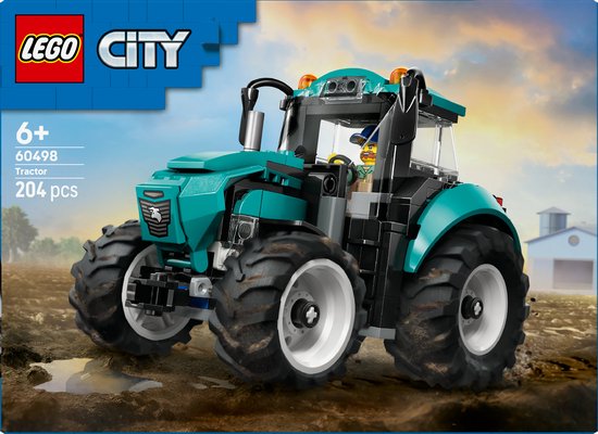 Doos van LEGO City Tractor 60498 met tractor in een veld.