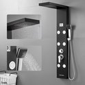 Zwart douchepaneel met vierkante douchekop, handdouche, 6 massagestralen, waterval en digitaal display.