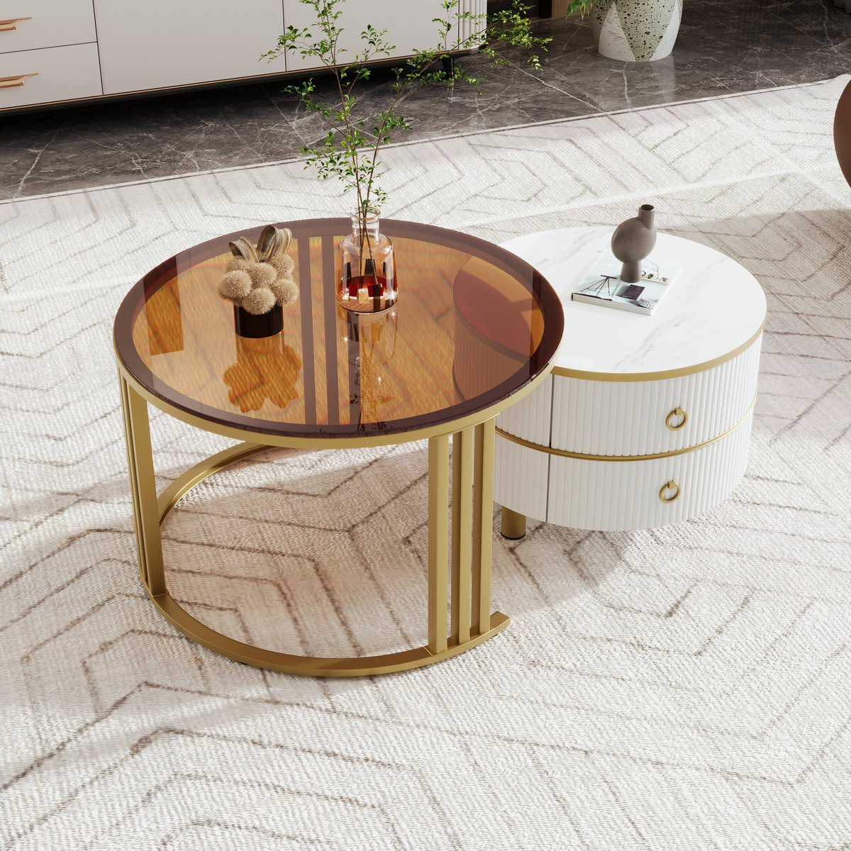 Wishdor Set van 2 salontafels 70*70*45 + 50*50*40 cm van MDF en gehard glas, wit met gouden metalen poten, luxe