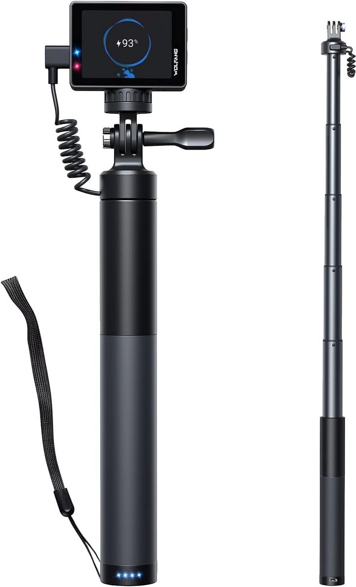 Action Camera Selfiestick met Powerbank Functie (2600mAh) - Verstelbaar (24-60cm)