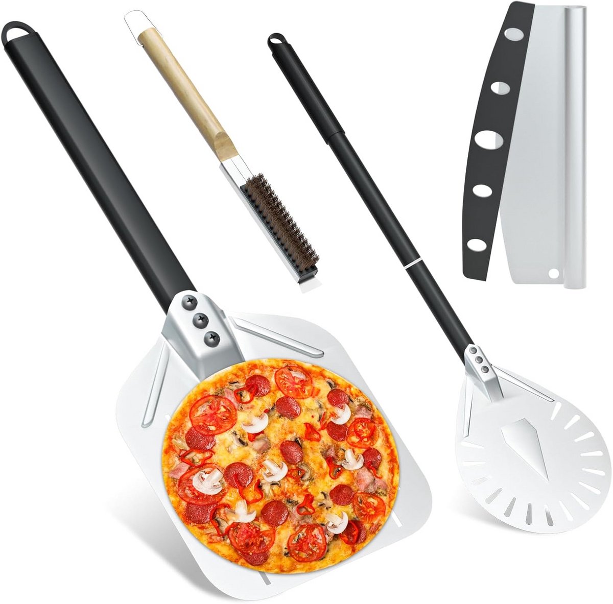4-Delige Set Pizzaschil en Accessoires voor Oven – Geperforeerd & Lang Handvat