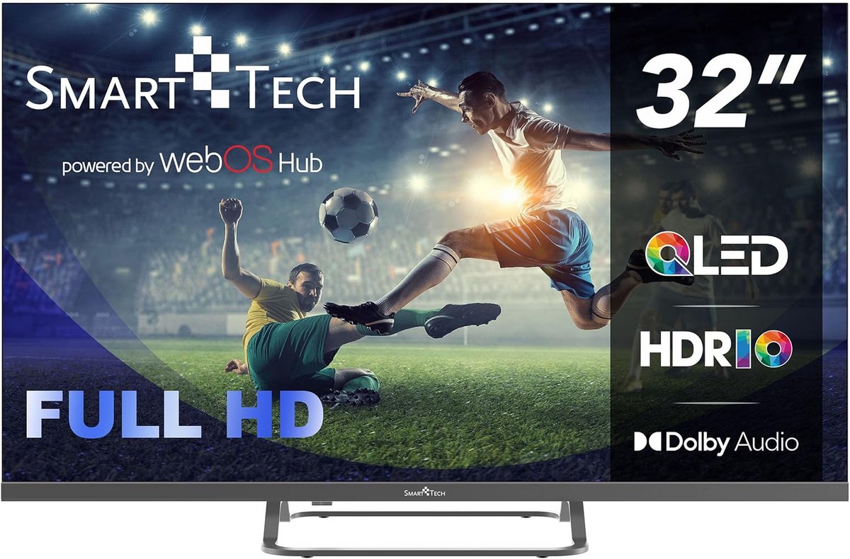 32 inch HD Smart TV met QLED Scherm, DVB-T2/S2, 3 HDMI en Wifi