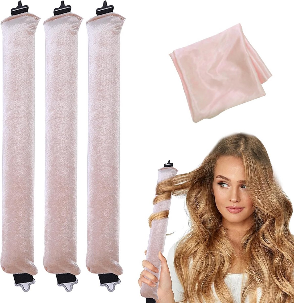 3 Stuks Hitteloze Krulset voor Lang Haar: Zachte Krullen Zonder Hitte (Beige, Groot)