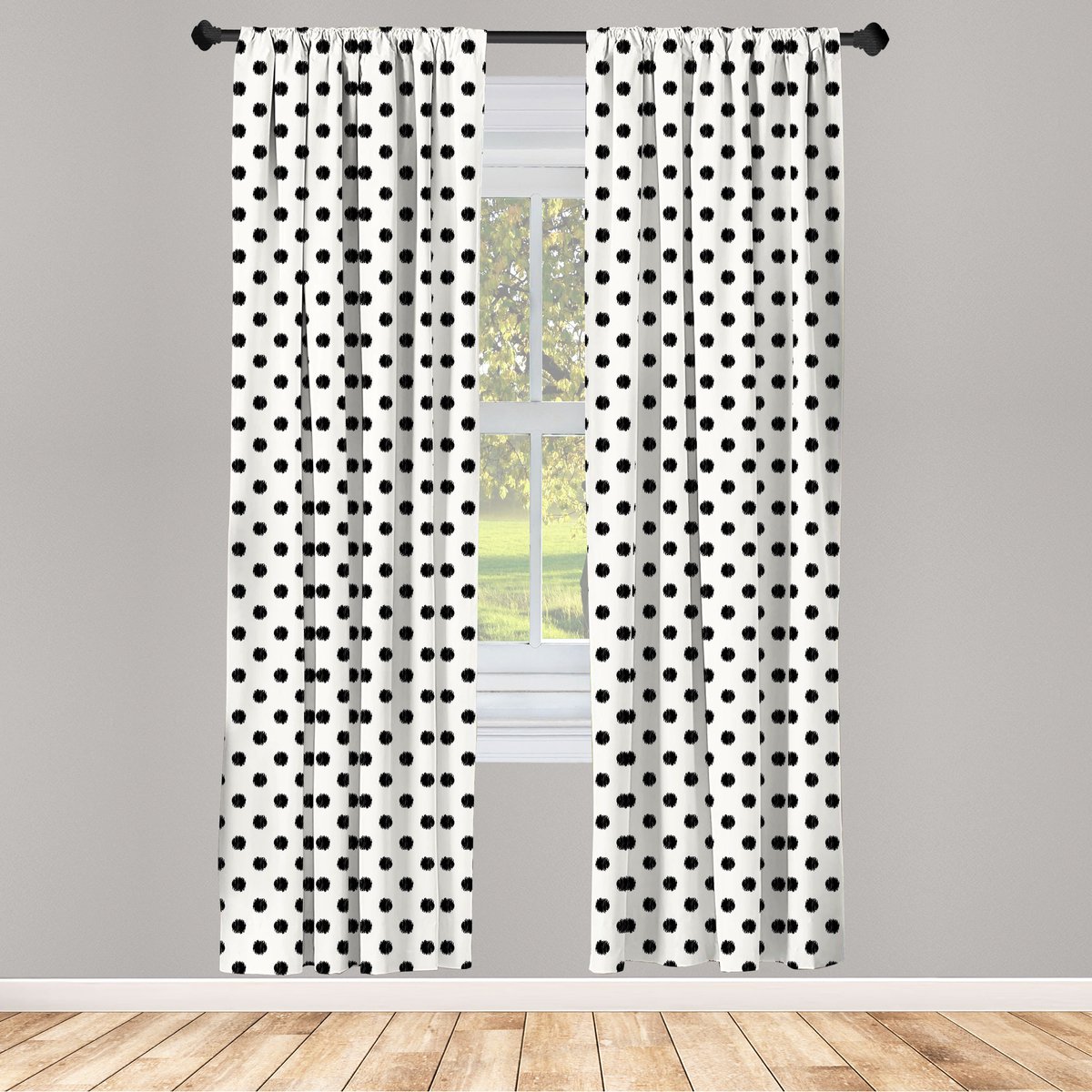 ABAKUHAUS Geometrisch Raamgordijnen, Grote Stippen, Lichtgewicht decoratieve 2-delige set met roedezak, 2 stuks 75 cm B x 175 cm L, Wit zwart