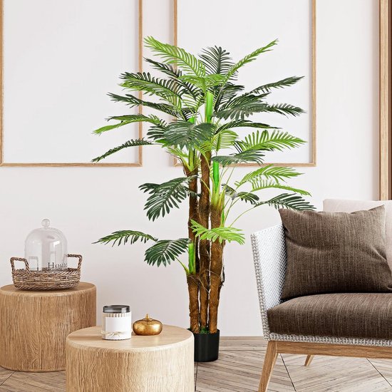 GOPLUS Kunstboom, kamerplant, kunstpalm, hoogte 160 cm, met stabiele pot en 10 grote bladeren, groot, perfect voor binnen- en buitendecoratie, groen