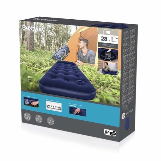 Bestway – Lit pneumatique – 1 personne – 76 × 185 × 28 cm – Bleu – Avec pompe à pied intégrée - Lit pneumatique - Camping - Extérieur - Intérieur - 1 personne