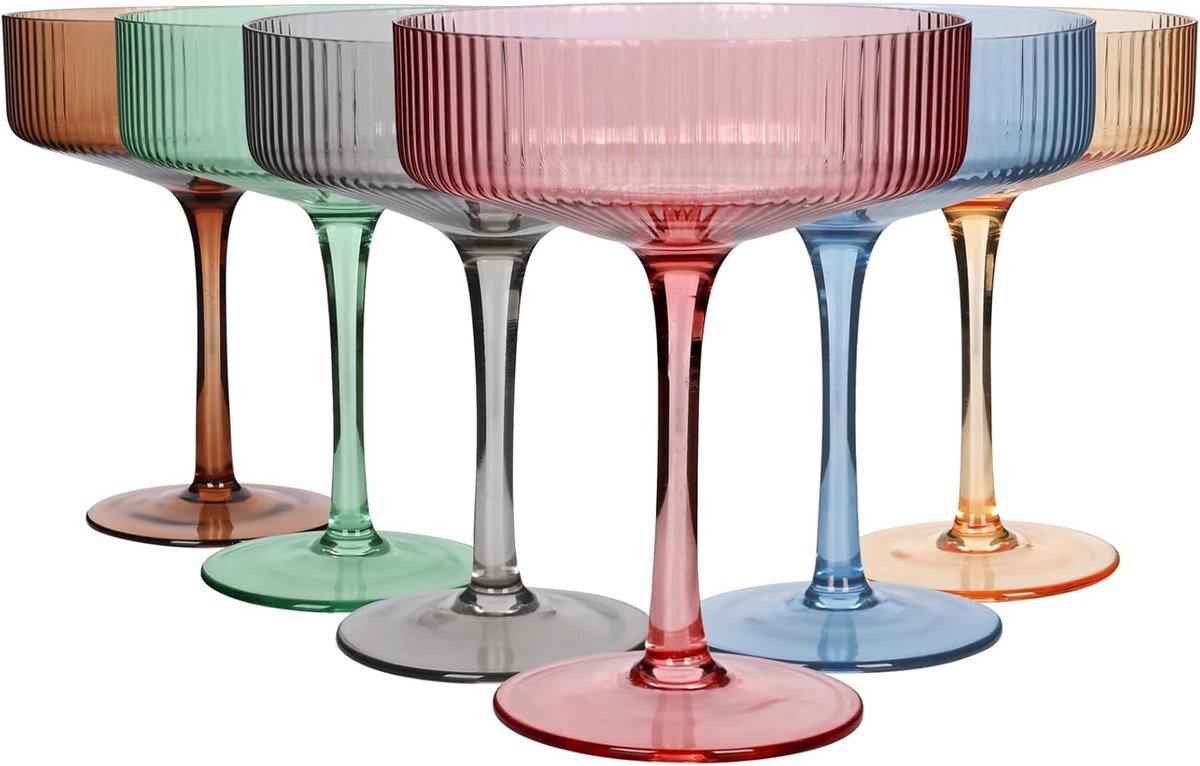 Set van 6 Gekleurde Geribbelde Martini Coupe Glazen - Art Deco Cocktailglazen