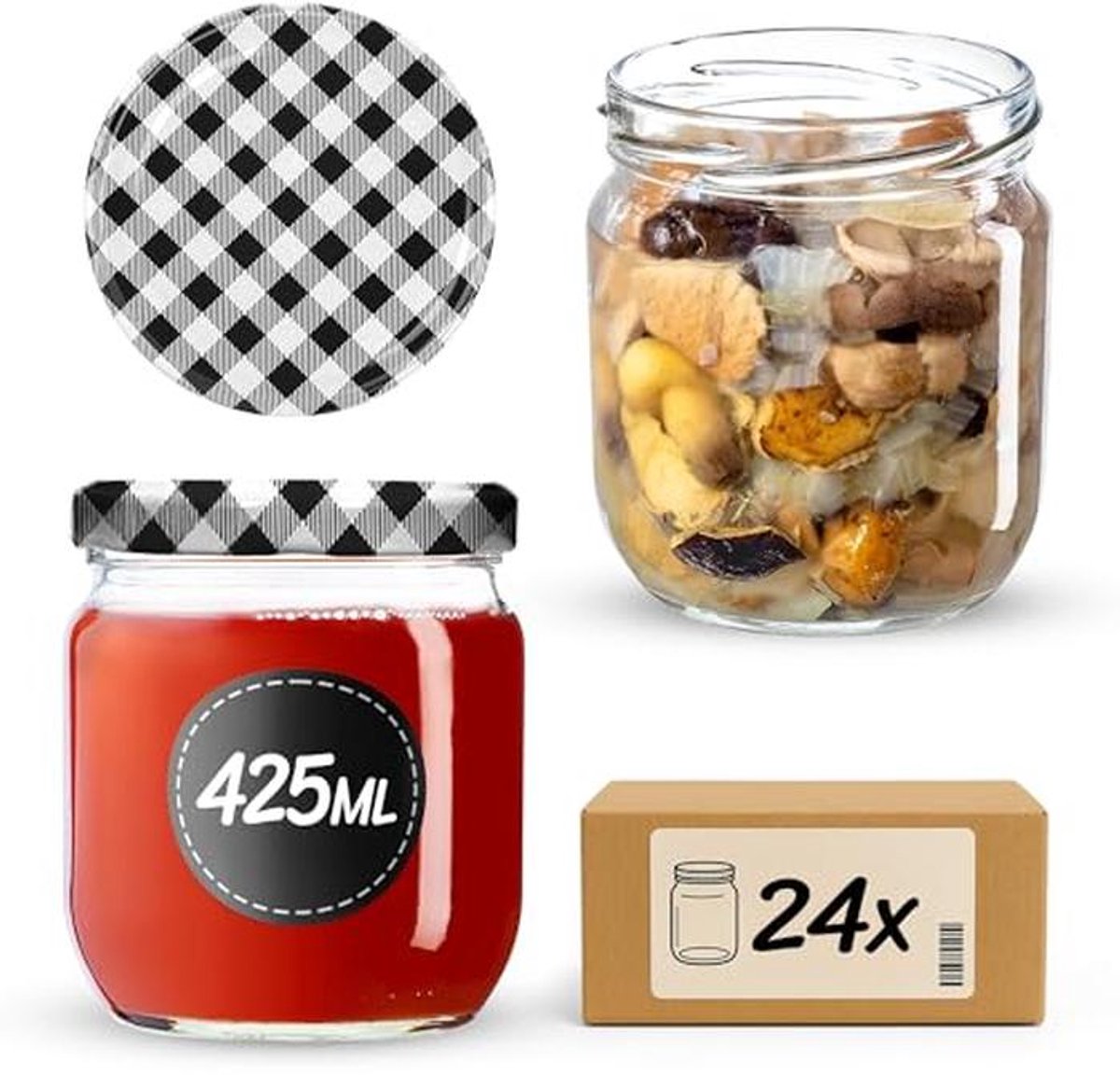 Inmaakpotten voor Jam en Honing - 425ml Zwart Geruit (24 Stuks)