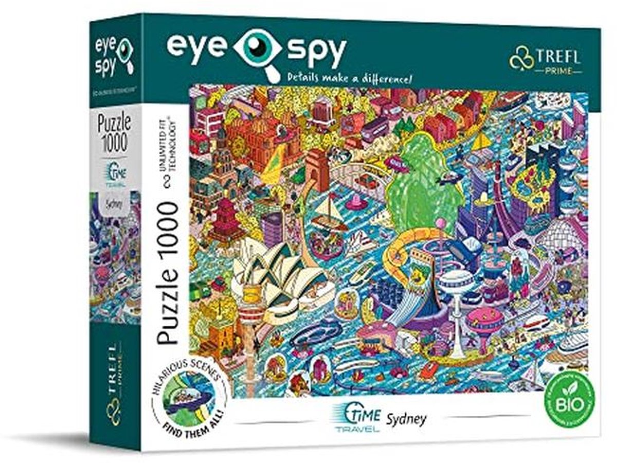 UFT Puzzel Eye-Spy Tijdreis: Sydney, Australië - 1000 Stukken, Verrassende Details, Grappige Scènes, Dikker Karton, BIO, EKO