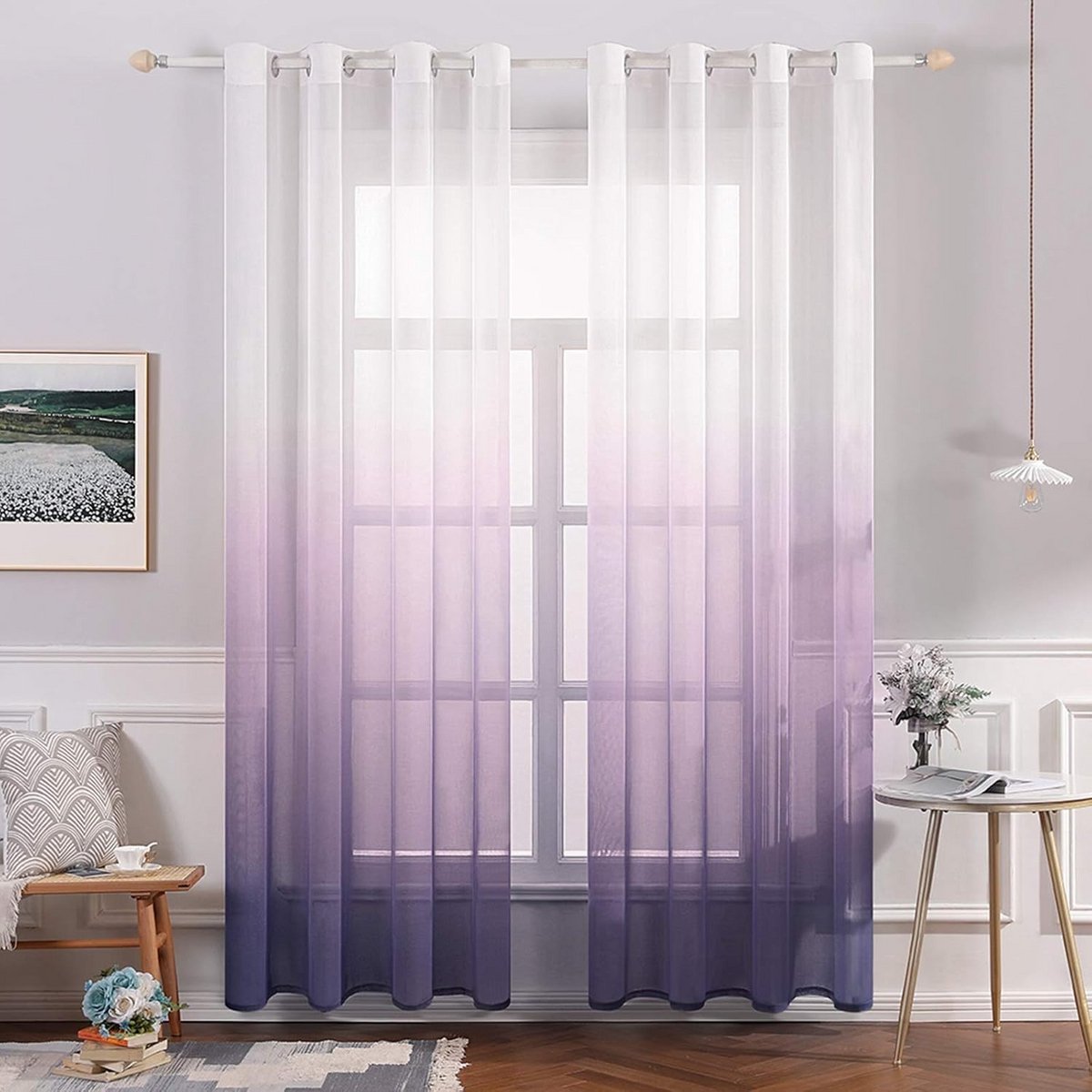 Set van 2 Transparante Vitrage Gordijnen met Kleurverloop - Voile Paneel voor Woonkamer en Slaapkamer - 245x140 cm