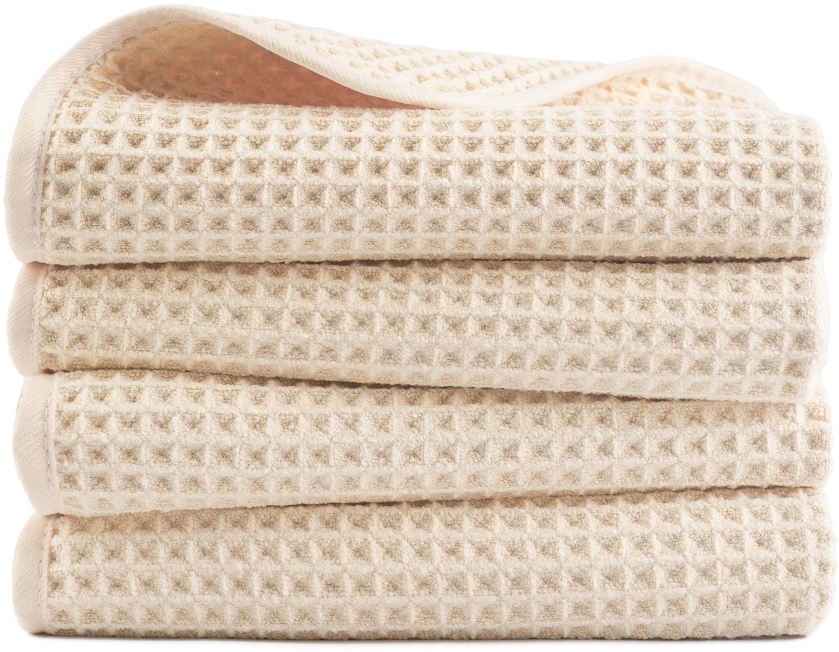 Unyqoos® Set van vier luxe microvezelhanddoeken met wafelstructuur in lichtbeige kleur