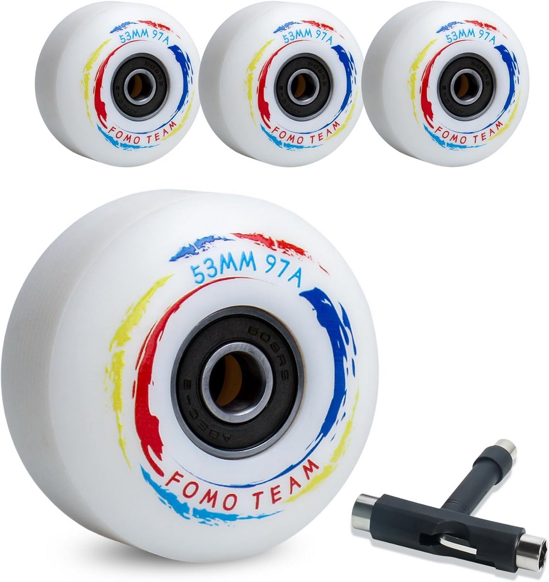 Skateboard Wielen 53mm 97A 4 Stuks met ABEC-9 Lagers en T-Tools Wit