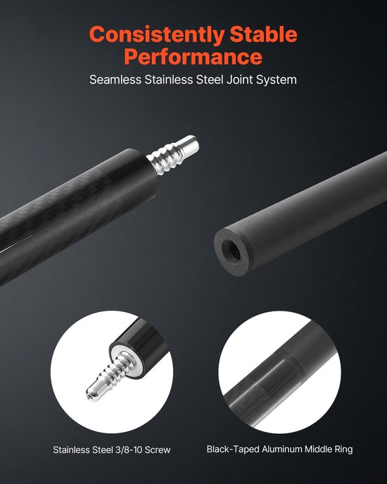 Biljartkeu - Koolstofvezel Poolkeu - 147,3 cm - 538 g - Geperste Bakelieten Tip - ABS Verbindingsring - Geschikt voor Pool & 9-Ball — afbeelding 5
