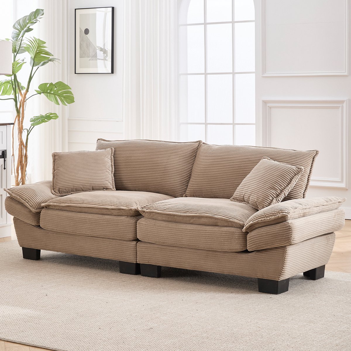 HAUSS SPOLE Sofa - Tweezitsbank Seda - Ultradiep Zit - Verwisselbare Armleuningen & 2 Kussens - 224x81x81 cm - Voor Woonkamer En Slaapkamer - Fluweel Khaki
