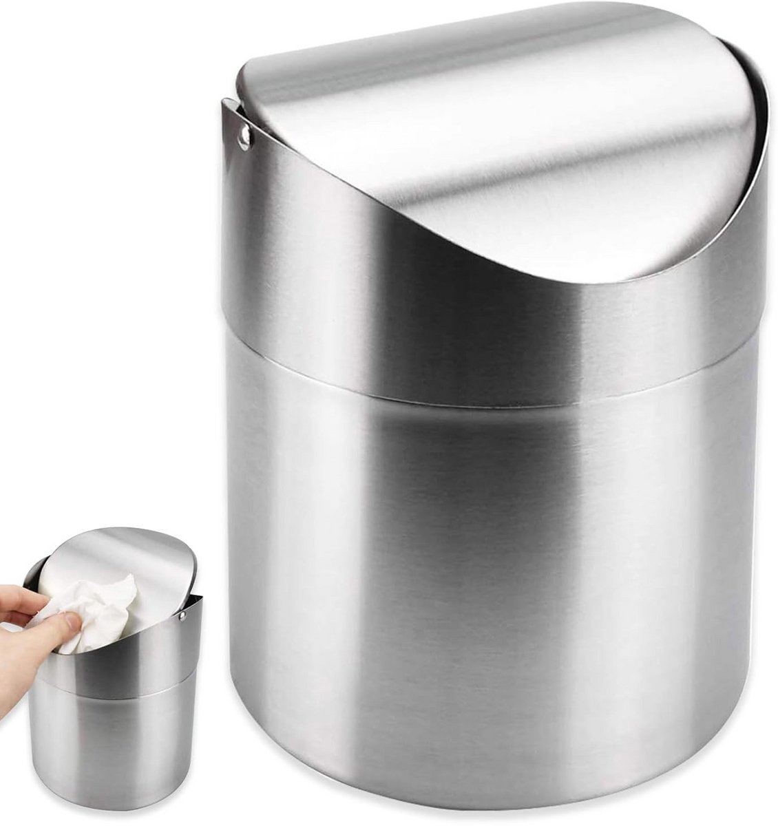 Ronde Rvs Tafelafvalemmer met Deksel - 1.2L - Mini Prullenbak voor Bureau of Wastafel
