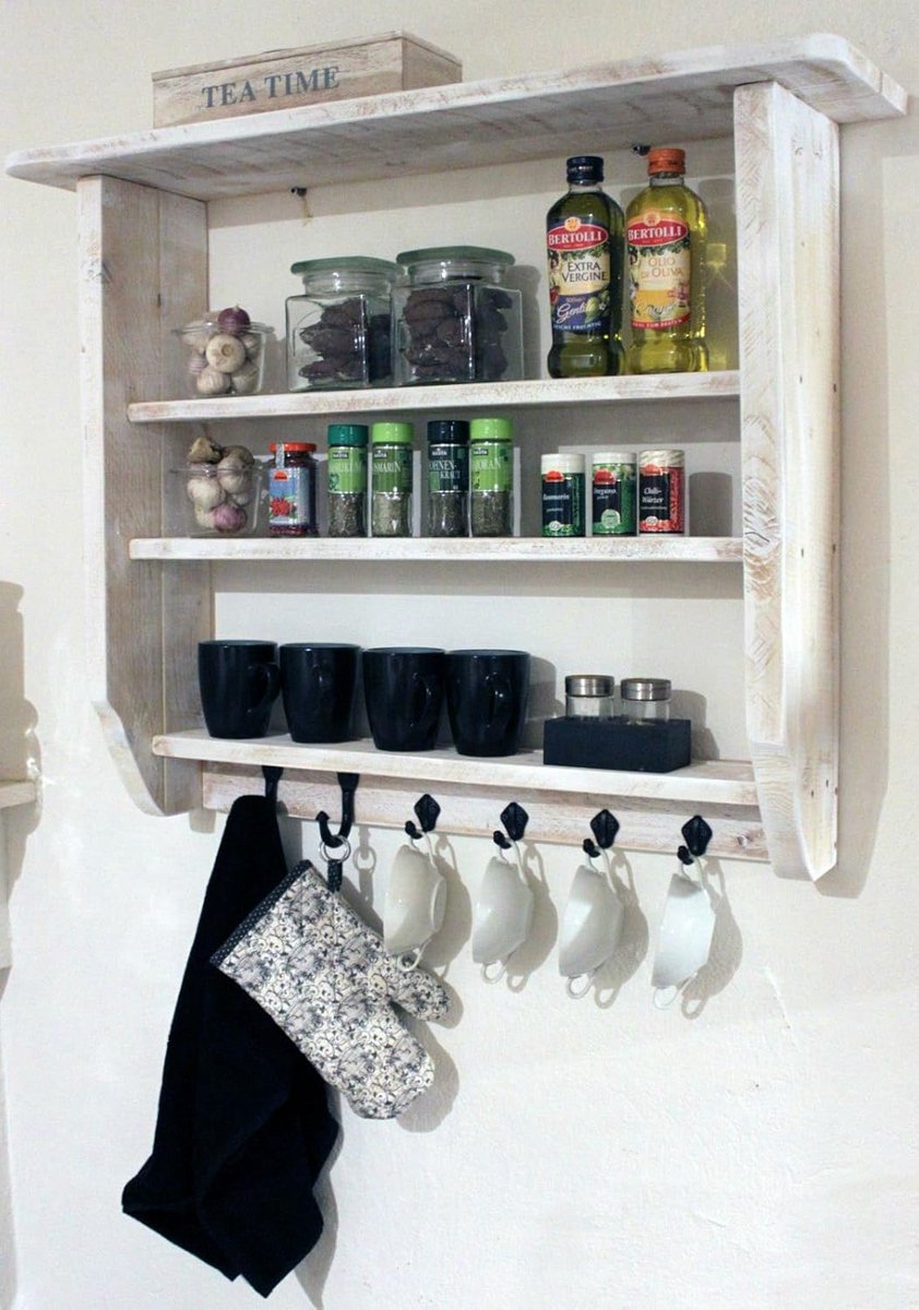 Houten Kruidenrek Wandrek Wit Shabby Chic - Stevig & Voorgemonteerd