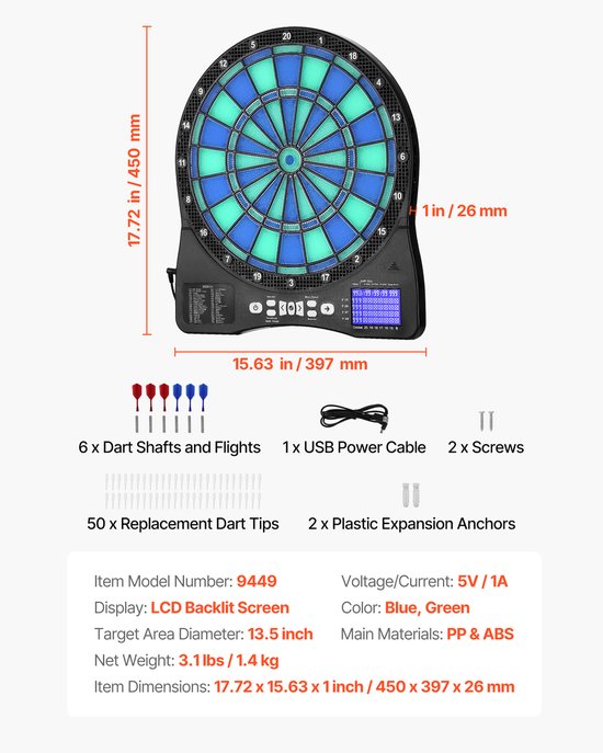 Elektronisch dartbord met LED-display, 48 spellen en meer dan 500 variaties, inclusief 6 darts met flights en 50 soft tips, LCD-cricket scorebord - geschikt voor maximaal 8 spelers — afbeelding 2