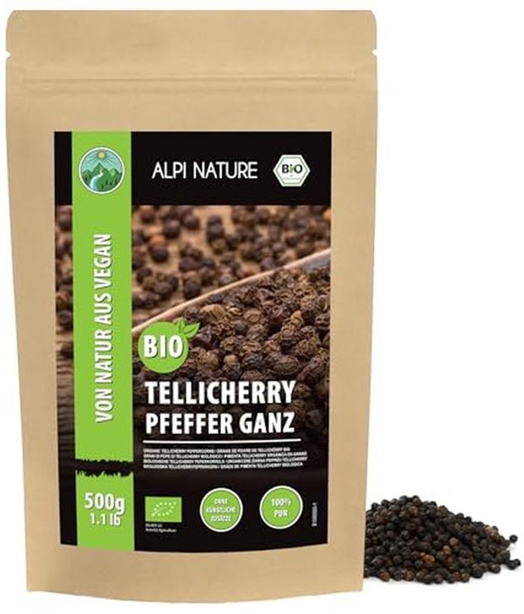Alpi Nature Organic Tellicherry Pepper Black (500g) Organic Black Tellicherry Pepper Tellicherry Peppercorns Black from Controlled Organic Cultivation Laboratory Tests