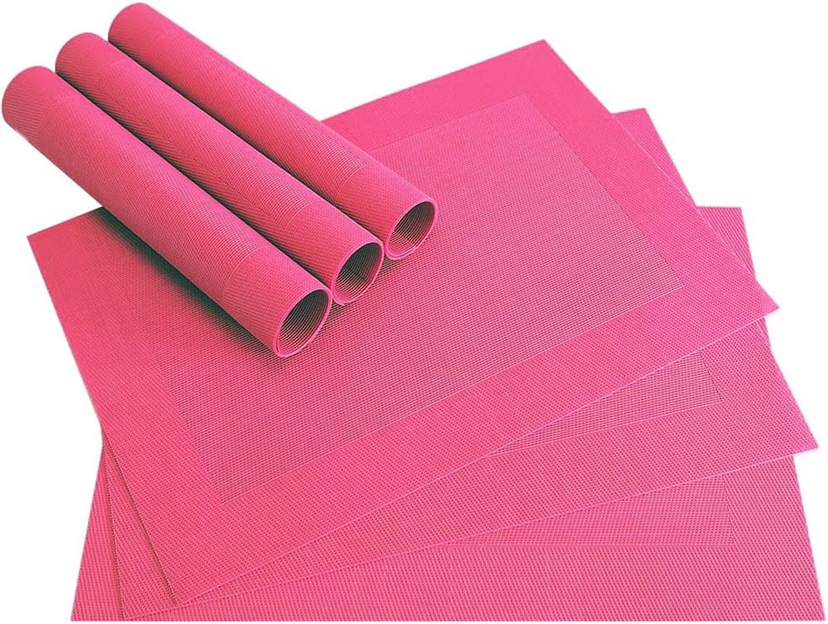 Set van 6 wasbare placemats in roze magenta - 46 x 33 cm geweven kunststof