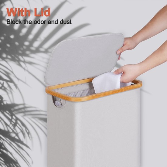 Lichte grijze wasmand met deksel en bamboe handgrepen - 75 liter, opvouwbaar en met wasbare binnenzak — afbeelding 2