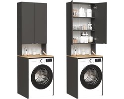 Wasmachinekast en hoge kast voor badkamer, superstructuur voor wasmachine en droogtrommel, 210 x 65 x 50/56 cm, wit