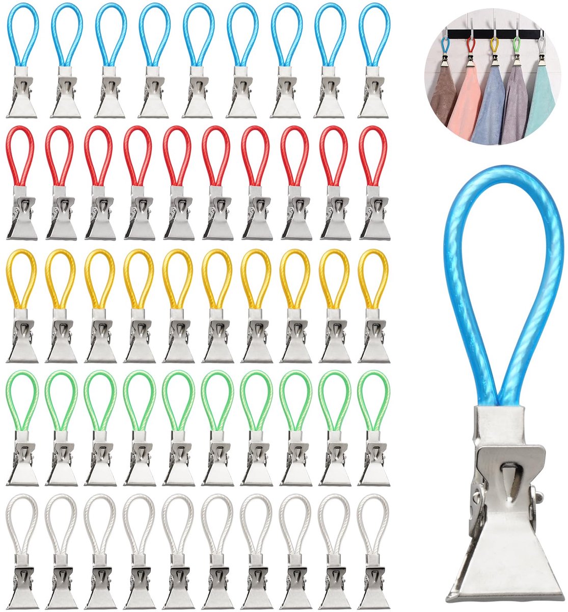 Unyqoos® Set van 50 kleurrijke handdoekclips voor keuken en badkamer organisatie