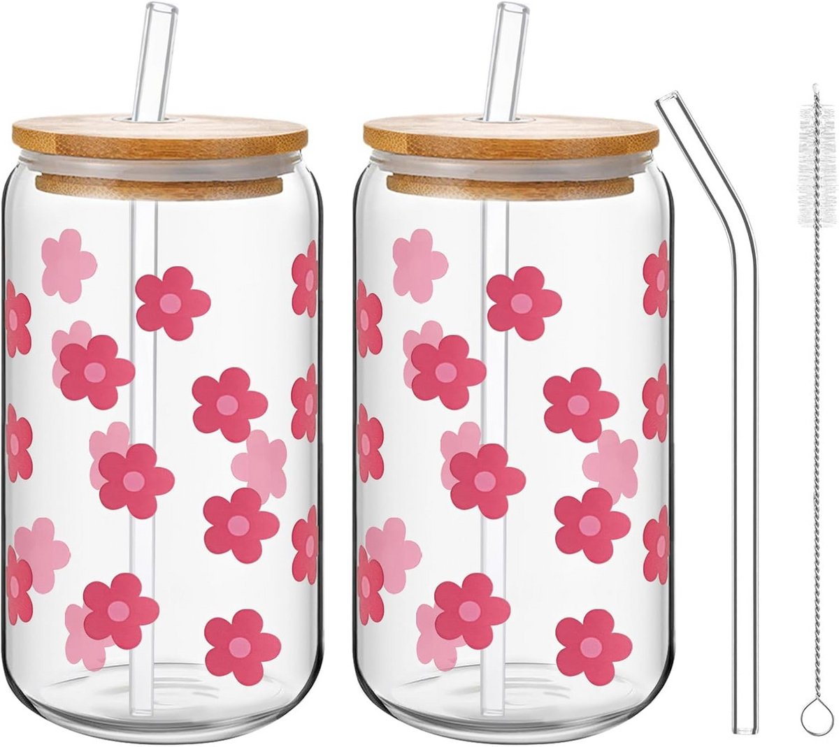 Set van 2 Roze Glazen met Deksel en Rietje voor Matcha, Bubble Tea en Ijskoffie