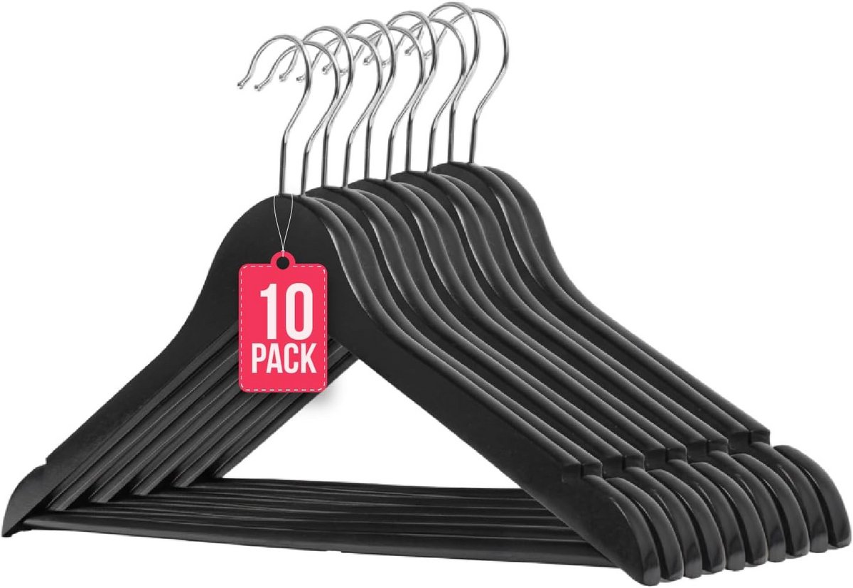Set van 10 Luxe Zwarte Houten Kledinghangers met Draaibare Haak