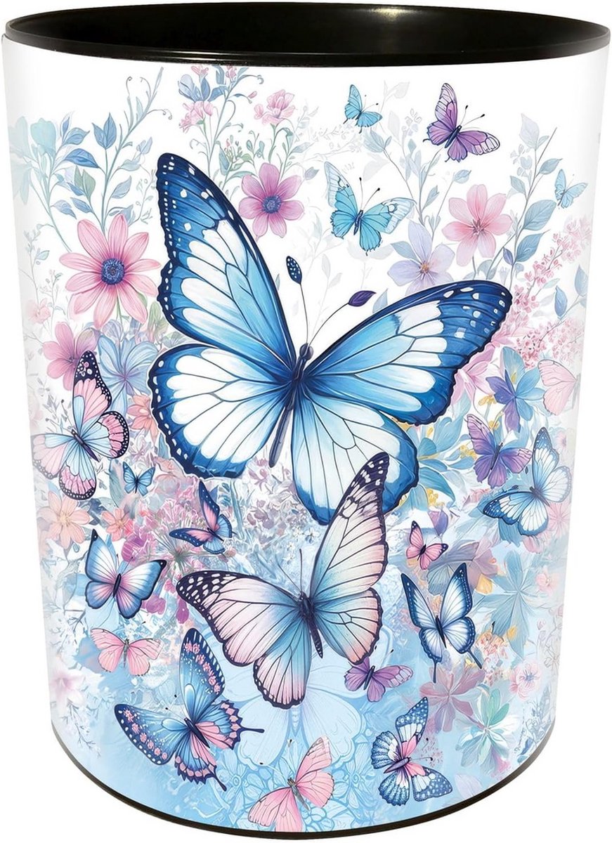 Kunststof prullenbak 12 liter met vlinder motief - Blauw Wit