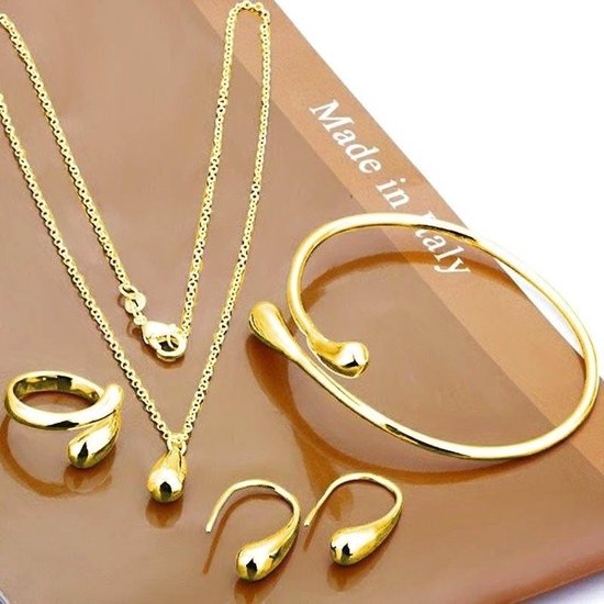 Fler® | Volledige Dames Sieraden Set / Verstelbaar / Halsketting met hanger / Armband / Ring / Oorbellen / Waterdruppel stijl | Valentijnsdag cadeau | Kerst cadeau | Goudkleurig