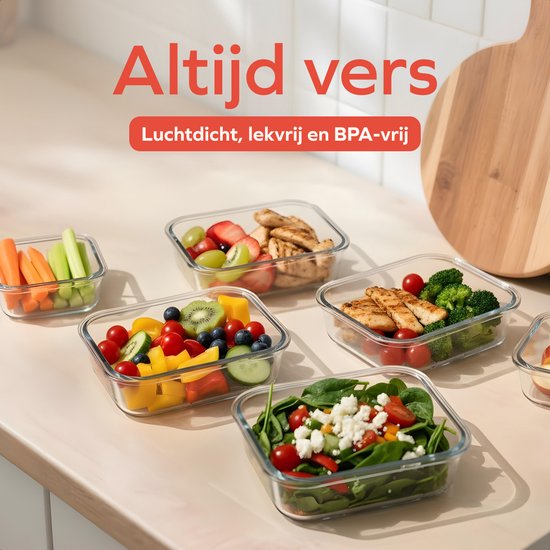 KitchenBrothers Meal Prep Bakjes - Vershoudbakjes Set - Luchtdicht - BPA-vrij - 1L en 370ml - Glas - 10 Stuks