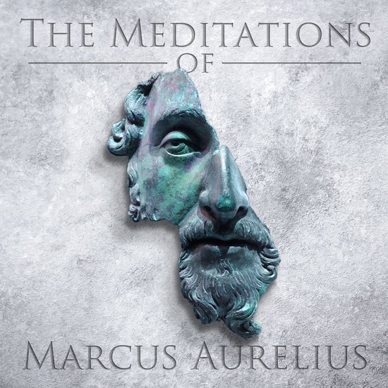 Boekomslag met de titel 'THE MEDITATIONS OF MARCUS AURELIUS' en een gebroken bronzen buste.
