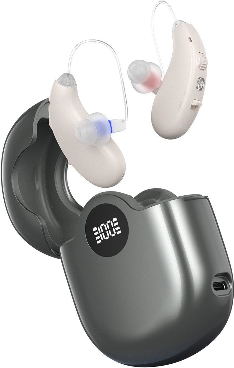 Pro Care Excellent Quality® 2x DSP Intelligent digitaal Gehoorapparaat - Gehoorversterker - Noise Reduction - Easy Click - Geluid Reductie - 3 Slimme Luistermodi - Oplaadbare LED Li/Re Box - Voor achter het oor (AHO) links en rechts - Zilver Beige