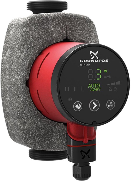 Circulatiepomp met rode en zwarte behuizing, grijs isolatiemateriaal en display met "AUTO ADAPT".