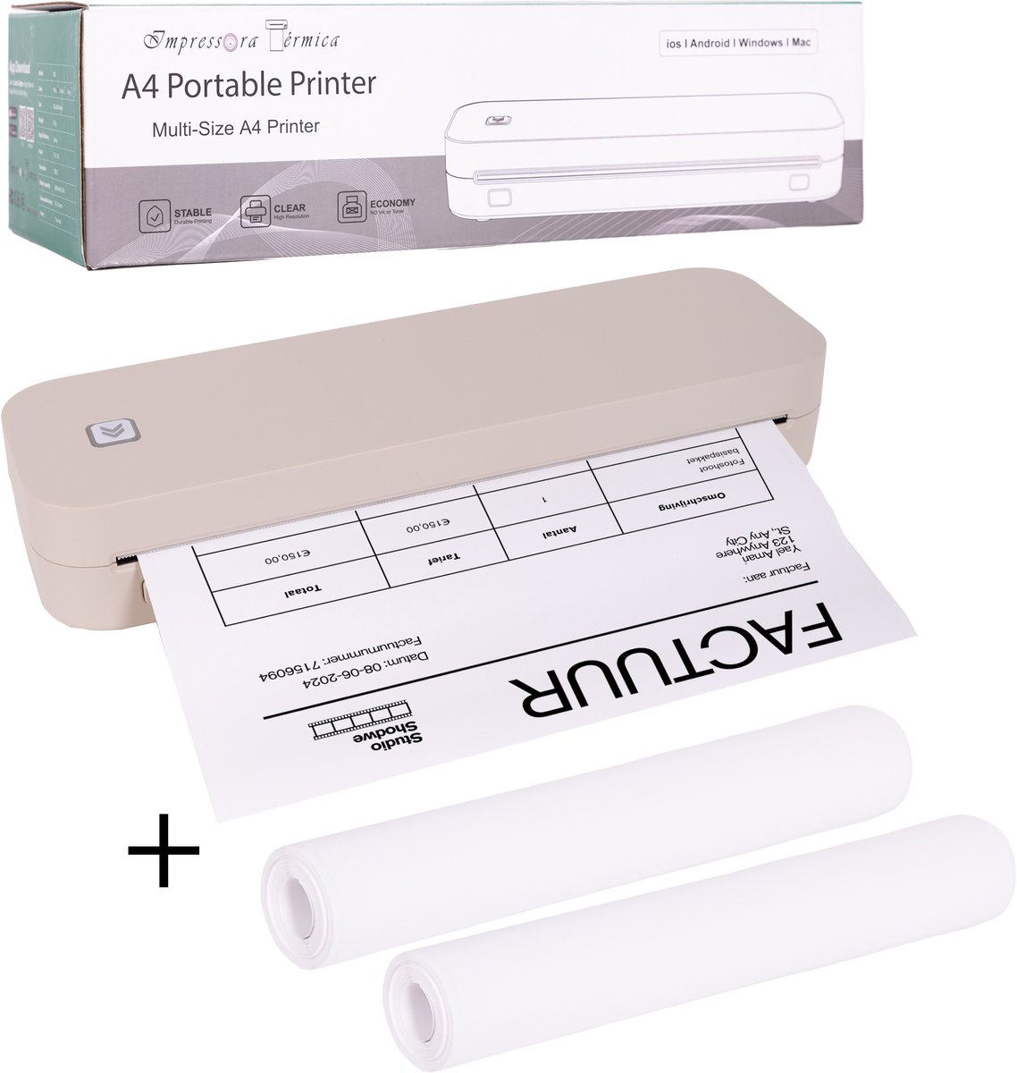 Impressora Térmica® - Thermische A4 printer - Mini Printer voor Mobiel/Tablet/Laptop - 304 DPI - Pocket Printer - Tattoo printer - Inclusief twee rollen thermisch papier - Beige